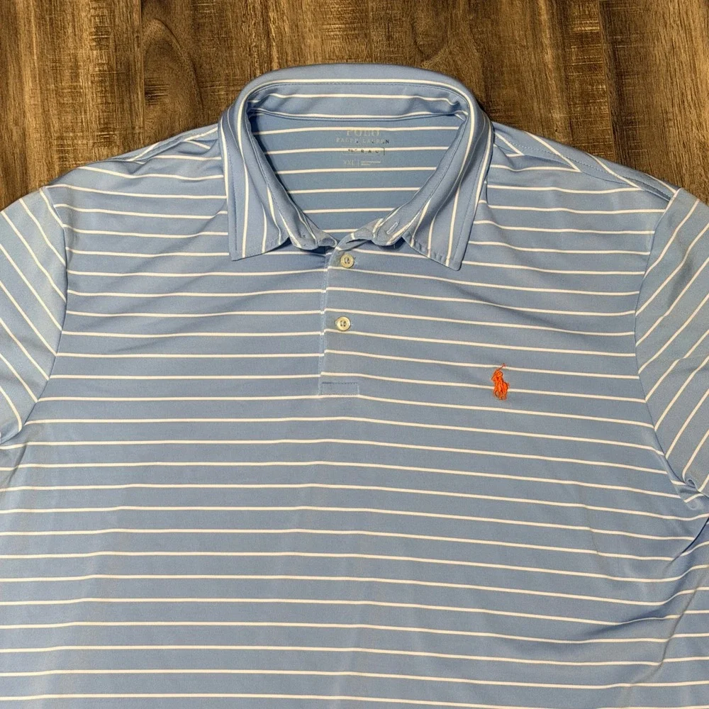 Polo Ralph Lauren Mens XXL Blue White Striped Performance Golf Polo Shirt Orange